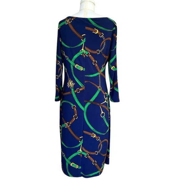 Lauren Ralph Lauren Side Ruched Horse Bit & Ribbon Print Dress Navy Blue Size 10 - Picture 2 of 5
